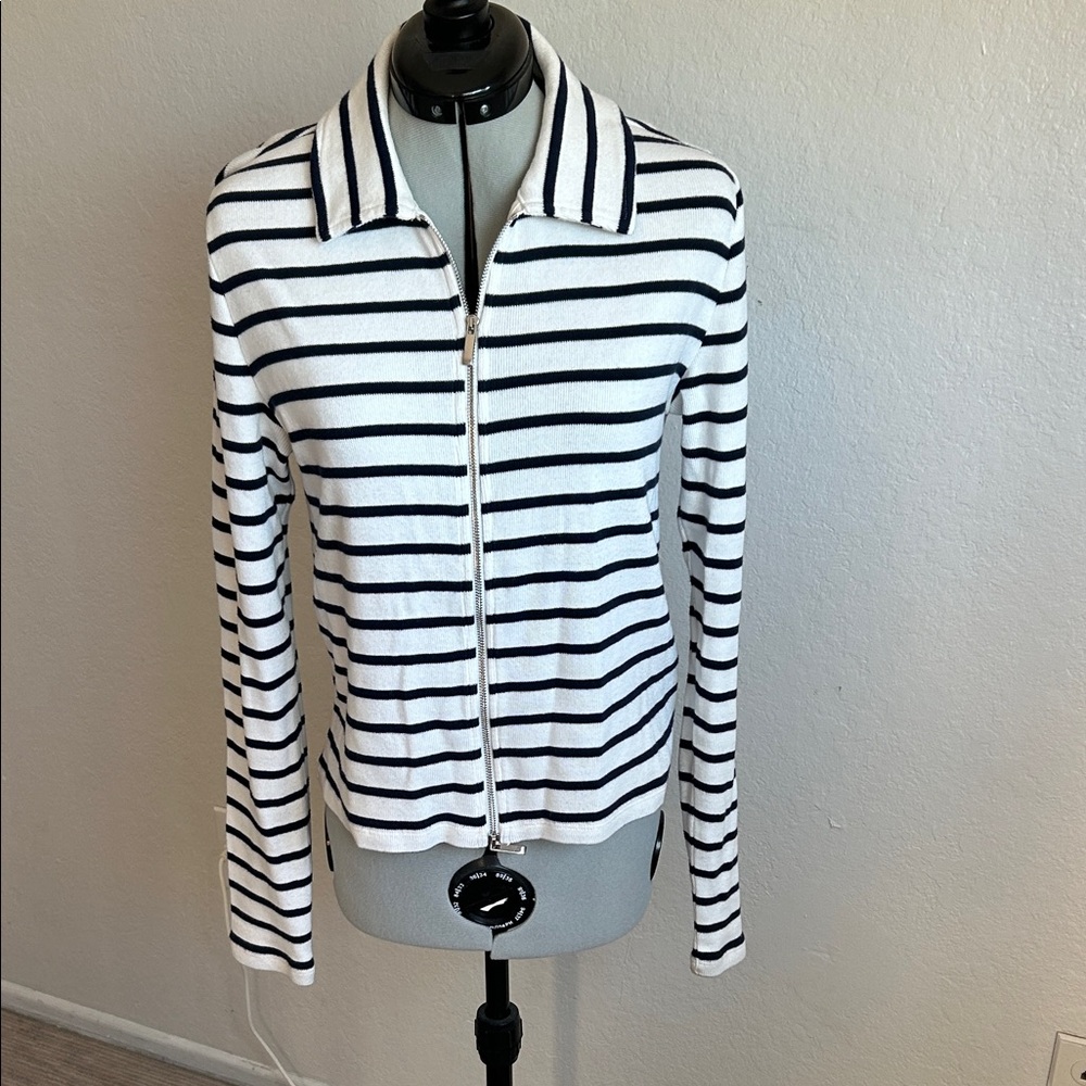 Striped Zip-Front Knit Cotton Cardigan - White and Navy
